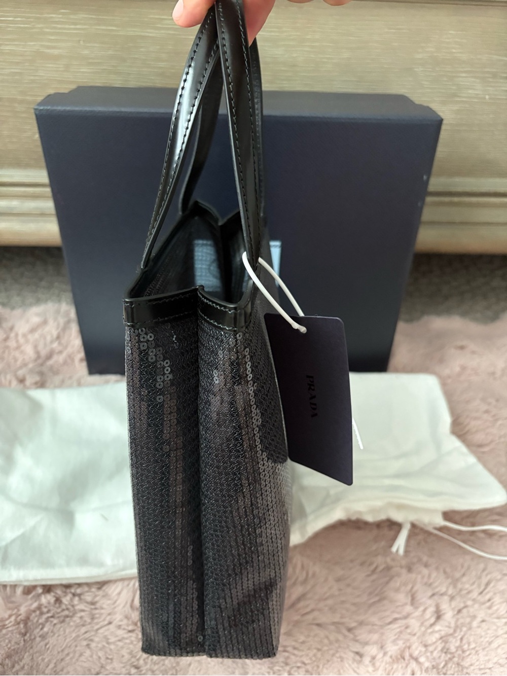 Prada Sequin Rete Paillettes Small Tote Bag Black - Picture 6 of 11